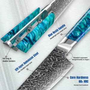 Detailed full tang Damascus steel knife handle with blue resin composite on workbench setting. SKU: KL-KA-DS-003