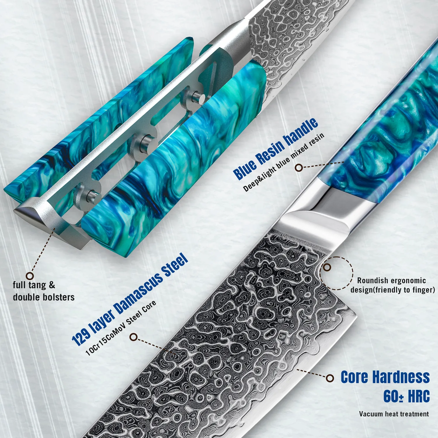 Detailed full tang Damascus steel knife handle with blue resin composite on workbench setting. SKU: KL-KA-DS-003