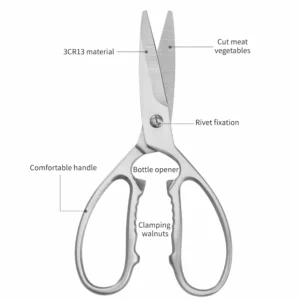 All-metal 3Cr13 stainless steel kitchen scissors with feature labels isolated on white background KL-SC-PR-010