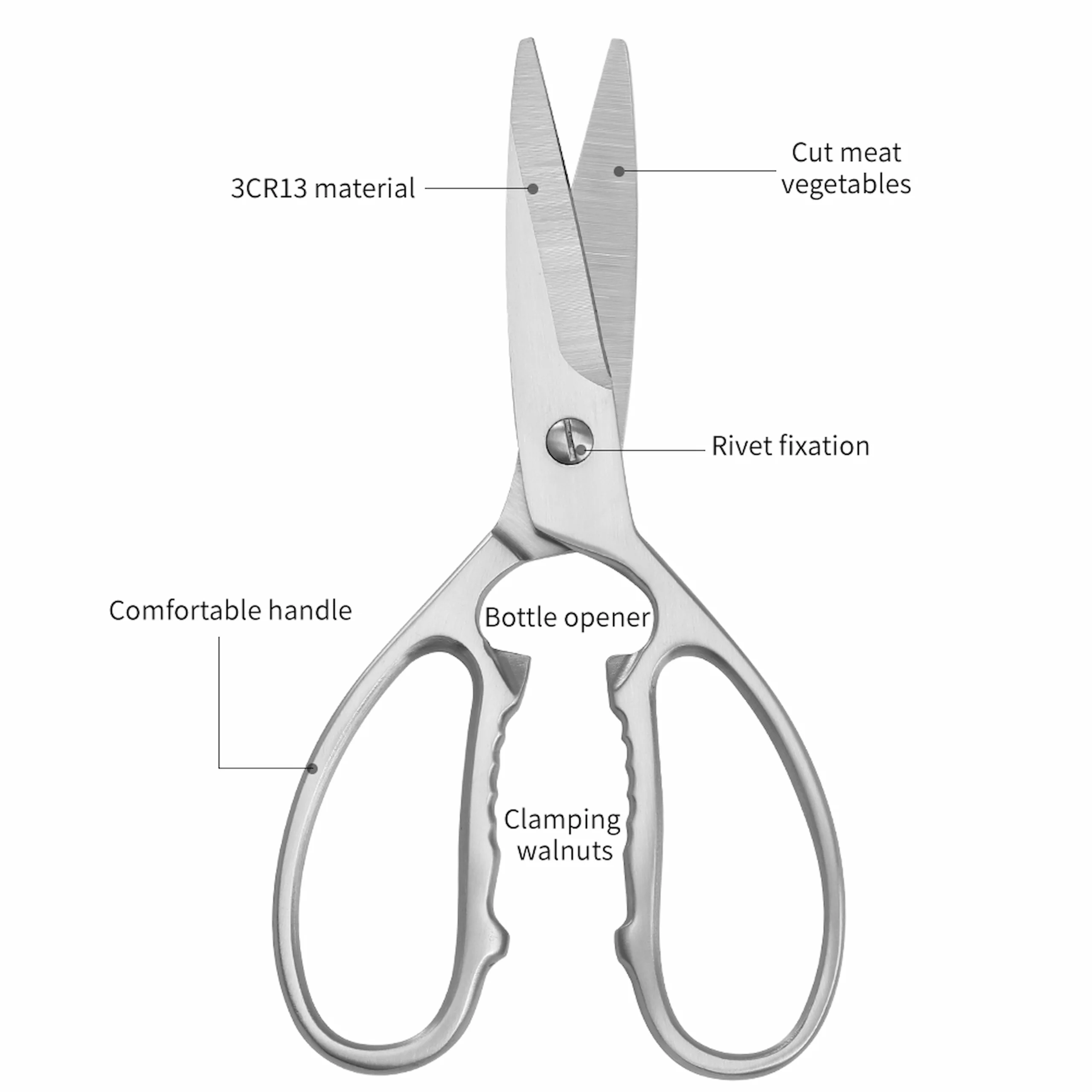 All-metal 3Cr13 stainless steel kitchen scissors with feature labels isolated on white background KL-SC-PR-010
