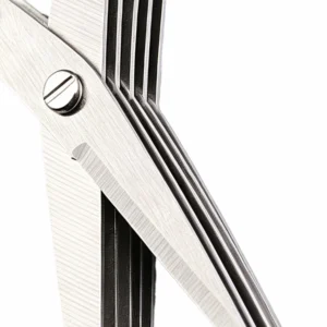 Close up view of multi blade brushed stainless steel herb kitchen scissors isolated on white background KL-SC-KT-003