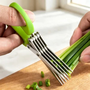 5-blade stainless steel kitchen scissors cutting fresh green scallions displayed on wooden tabletop KL-SC-KT-003