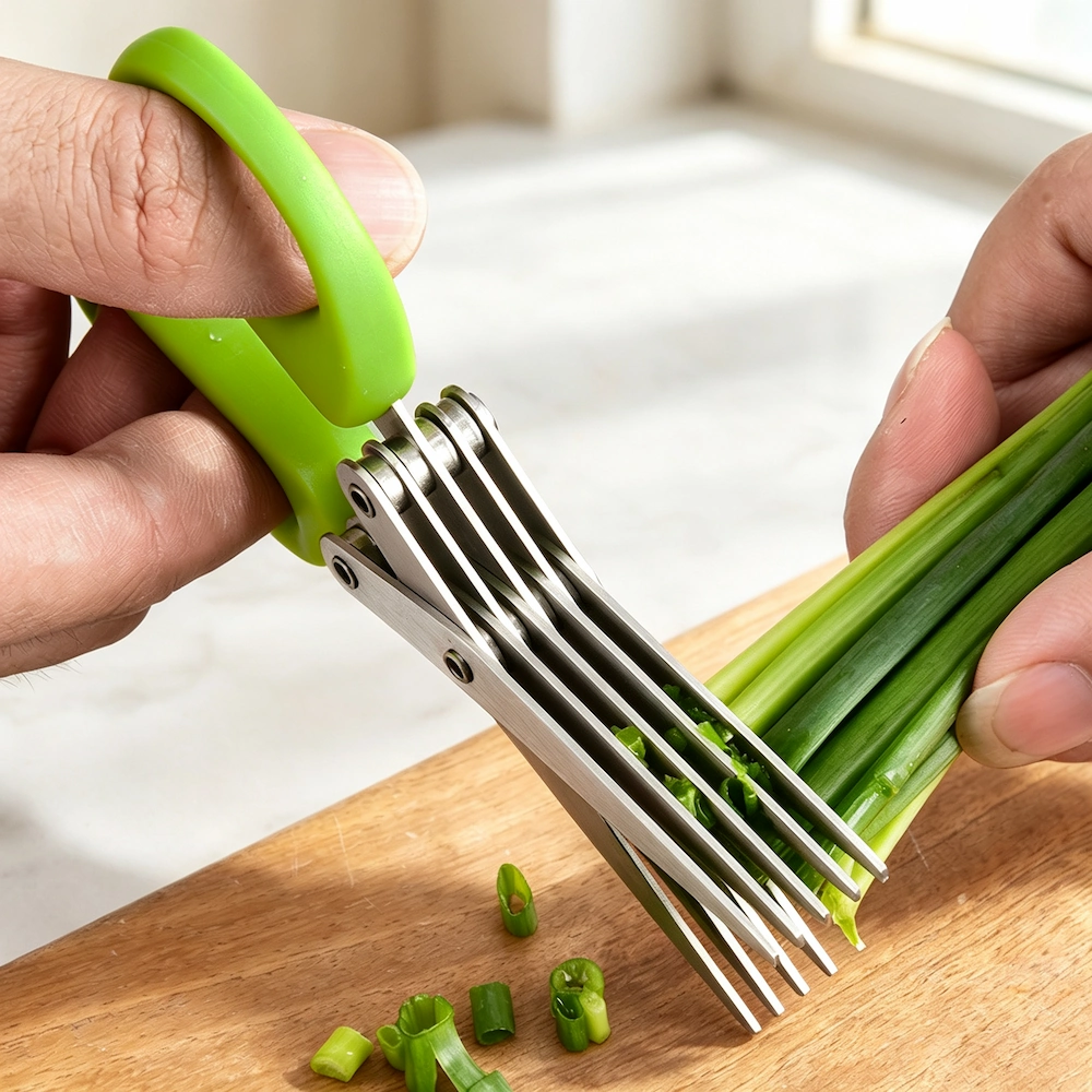 5-blade stainless steel kitchen scissors cutting fresh green scallions displayed on wooden tabletop KL-SC-KT-003