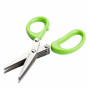 5-blade stainless steel herb scissors with green handles in open position isolated on white background KL-SC-KT-003