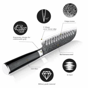 67-layer Damascus steel santoku knife detail with 12-degree V-shape edge isolated on white background. SKU: KK-DS-006