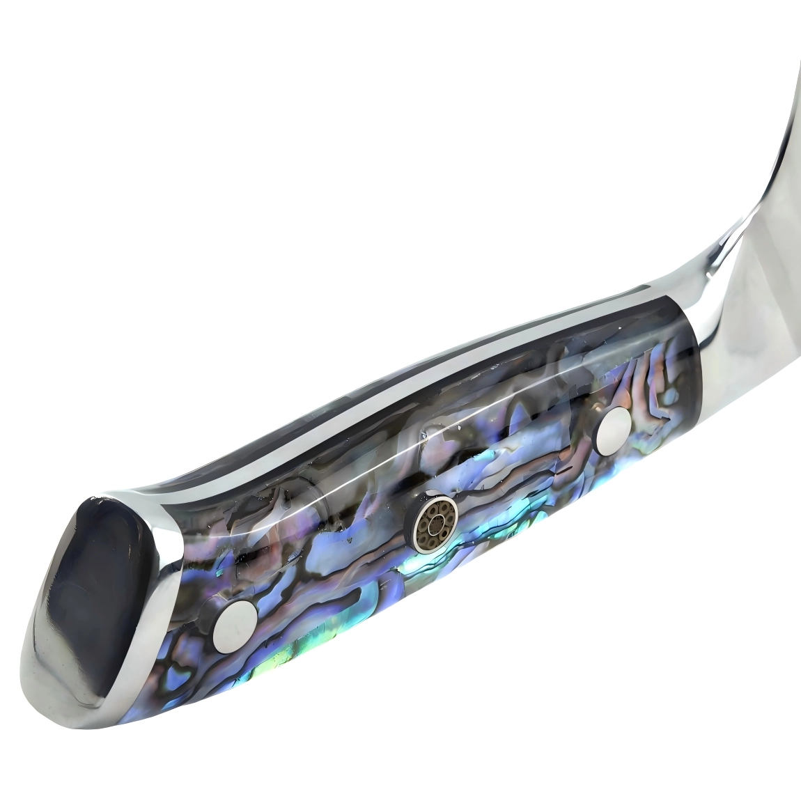 Close-up of an iridescent abalone shell knife handle with rivets, isolated on white background. KL-KN-DS-001-06