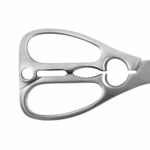 Close-up of all-metal kitchen shears ergonomic handle with integrated nutcracker and bottle opener, SKU KL-SC-PR-004