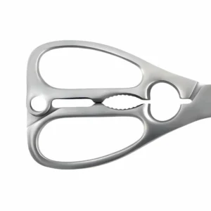All-Steel Kitchen Shears - Handle Close-up | KaiLionCrafts Close-up of all-metal kitchen shears ergonomic handle with integrated nutcracker and bottle opener, SKU KL-SC-PR-004