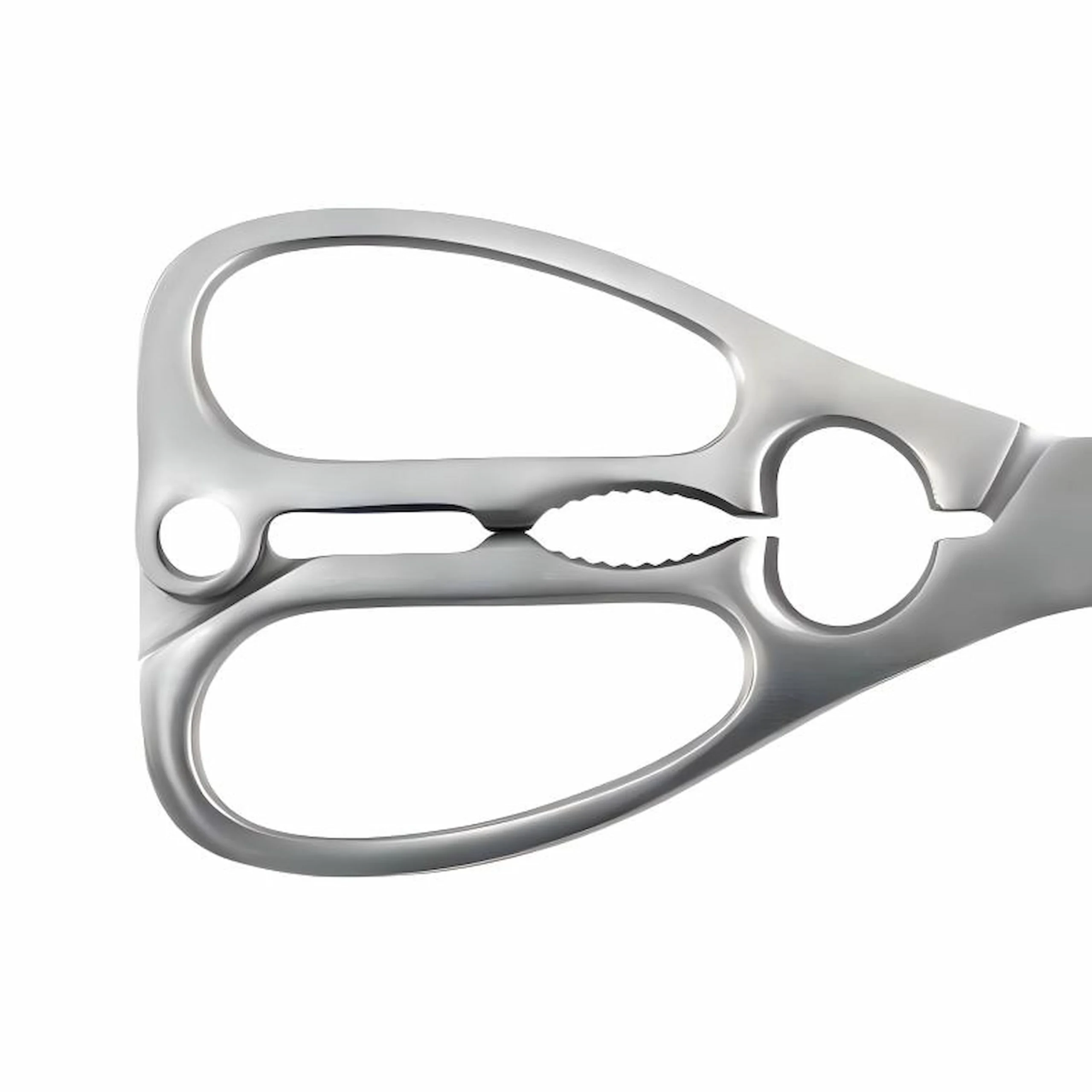 All-Steel Kitchen Shears - Handle Close-up | KaiLionCrafts Close-up of all-metal kitchen shears ergonomic handle with integrated nutcracker and bottle opener, SKU KL-SC-PR-004
