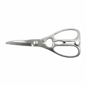 All steel heavy duty kitchen scissors with serrated blade closed on white background, SKU KL-SC-PR-004