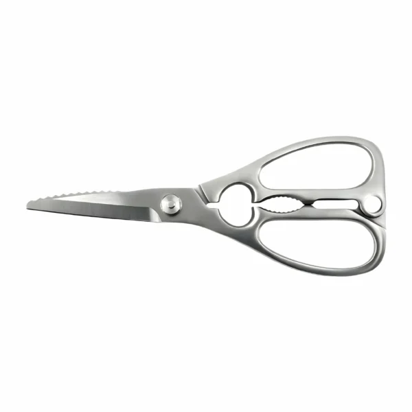 All steel heavy duty kitchen scissors with serrated blade closed on white background, SKU KL-SC-PR-004