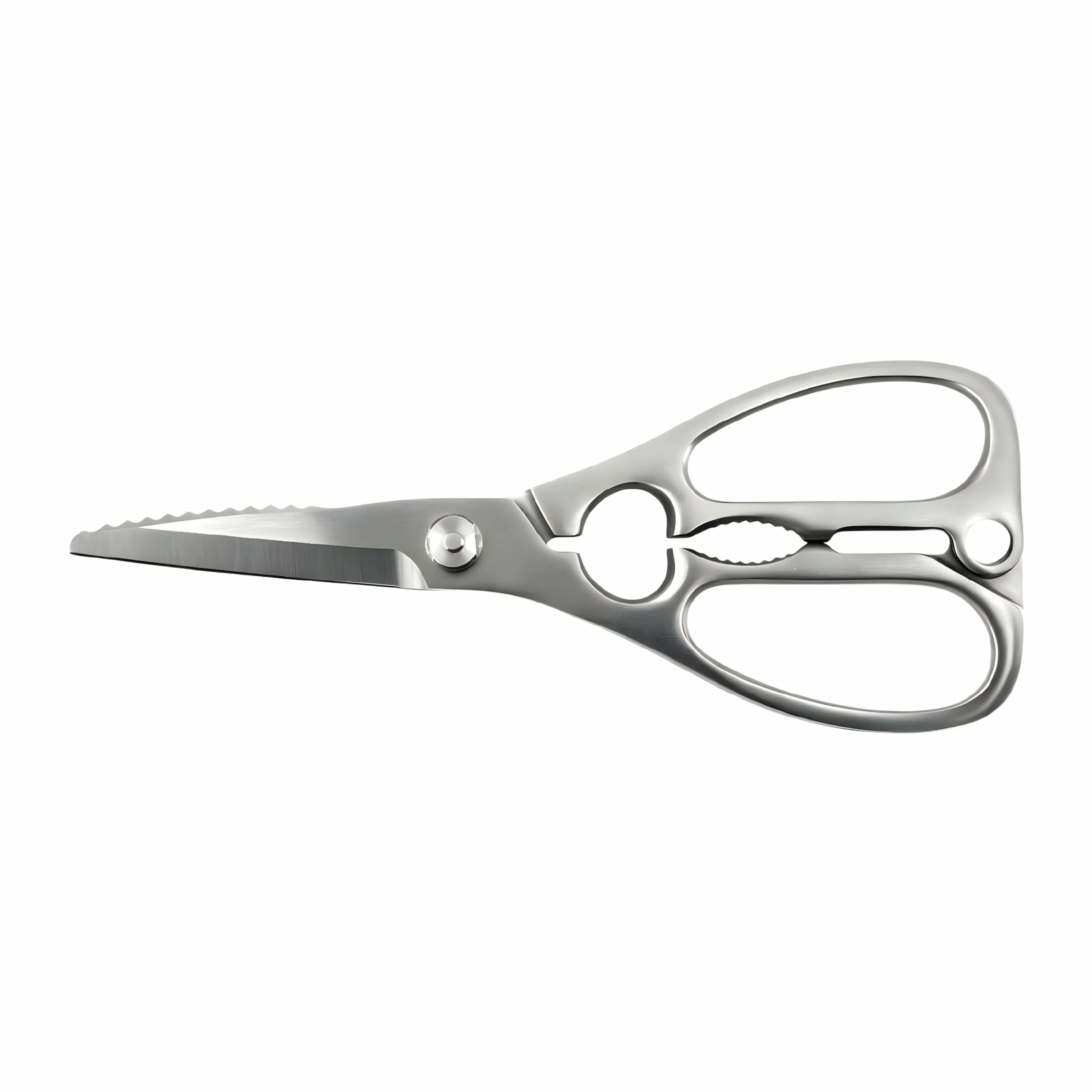 All-Steel Heavy Duty Kitchen Shears - Front View | KaiLionCrafts All steel heavy duty kitchen scissors with serrated blade closed on white background, SKU KL-SC-PR-004