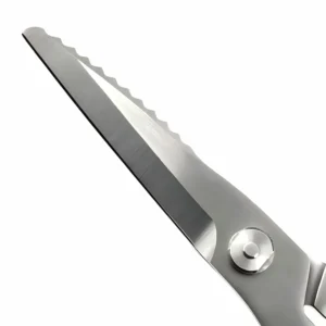 All-Steel Kitchen Shears - Blade Close-up | KaiLionCrafts Close-up of all-steel heavy duty kitchen shears with sharp serrated blade detail on white background, SKU KL-SC-PR-004