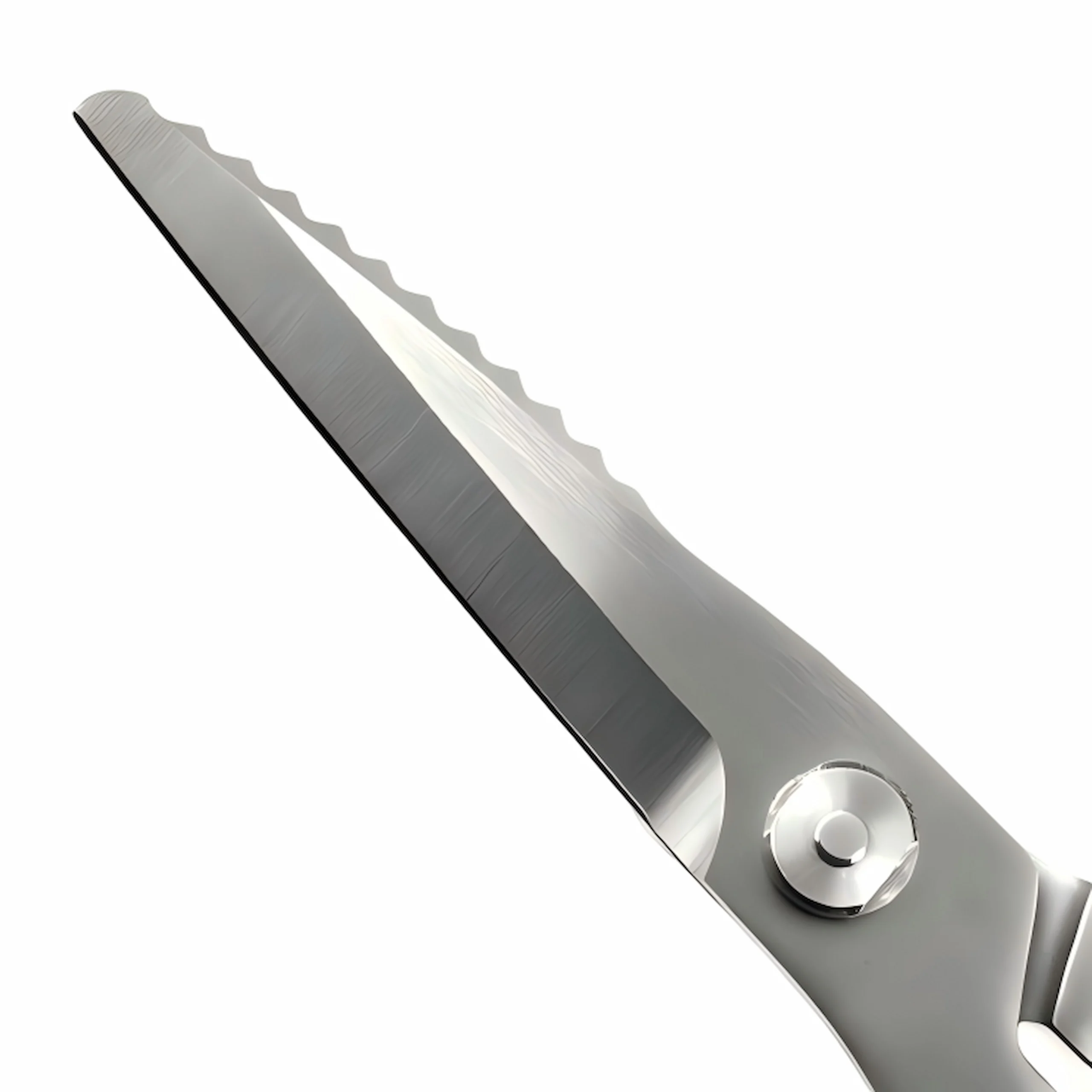 All-Steel Kitchen Shears - Blade Close-up | KaiLionCrafts Close-up of all-steel heavy duty kitchen shears with sharp serrated blade detail on white background, SKU KL-SC-PR-004