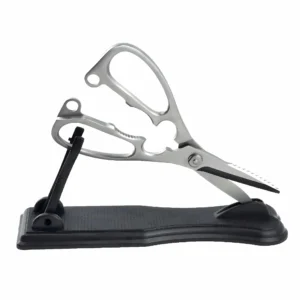 All-Steel Kitchen Shears - With Display Stand | KaiLionCrafts All-metal heavy duty kitchen shears displayed on a matching black stand isolated on white background, SKU KL-SC-PR-004
