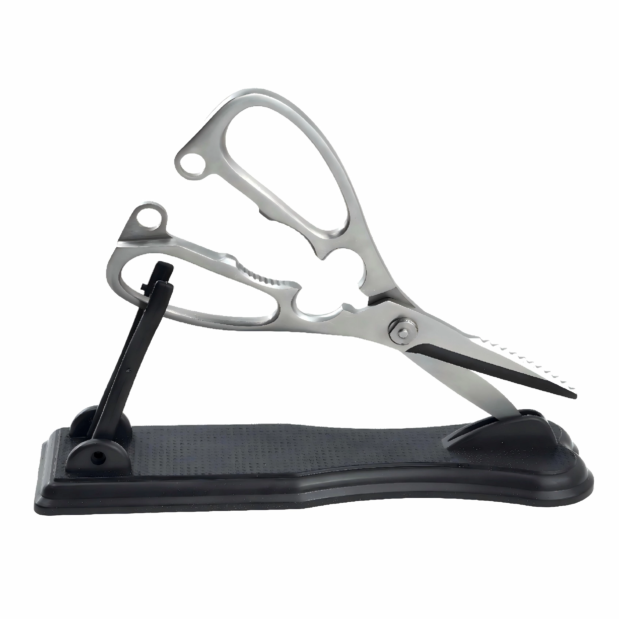 All-Steel Kitchen Shears - With Display Stand | KaiLionCrafts All-metal heavy duty kitchen shears displayed on a matching black stand isolated on white background, SKU KL-SC-PR-004