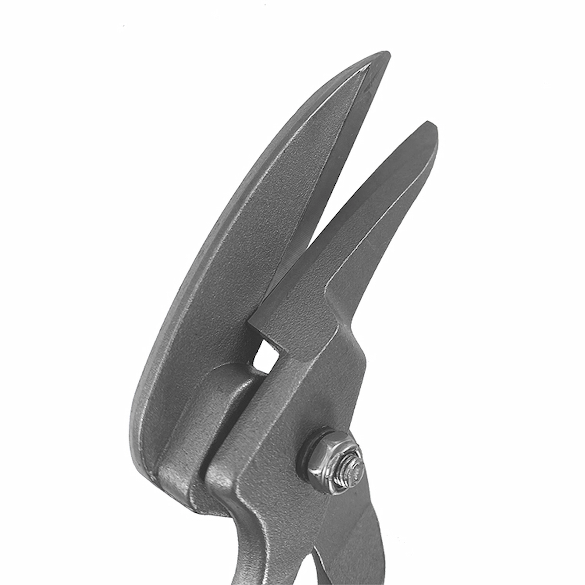Close-up of drop forged carbon steel blades on aviation tin snips isolated on white background KL-SC-SS-013