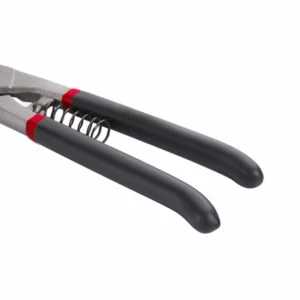 Angled close-up of coil spring mechanism on black rubber handle aviation tin snips isolated on white background KL-SC-SS-013