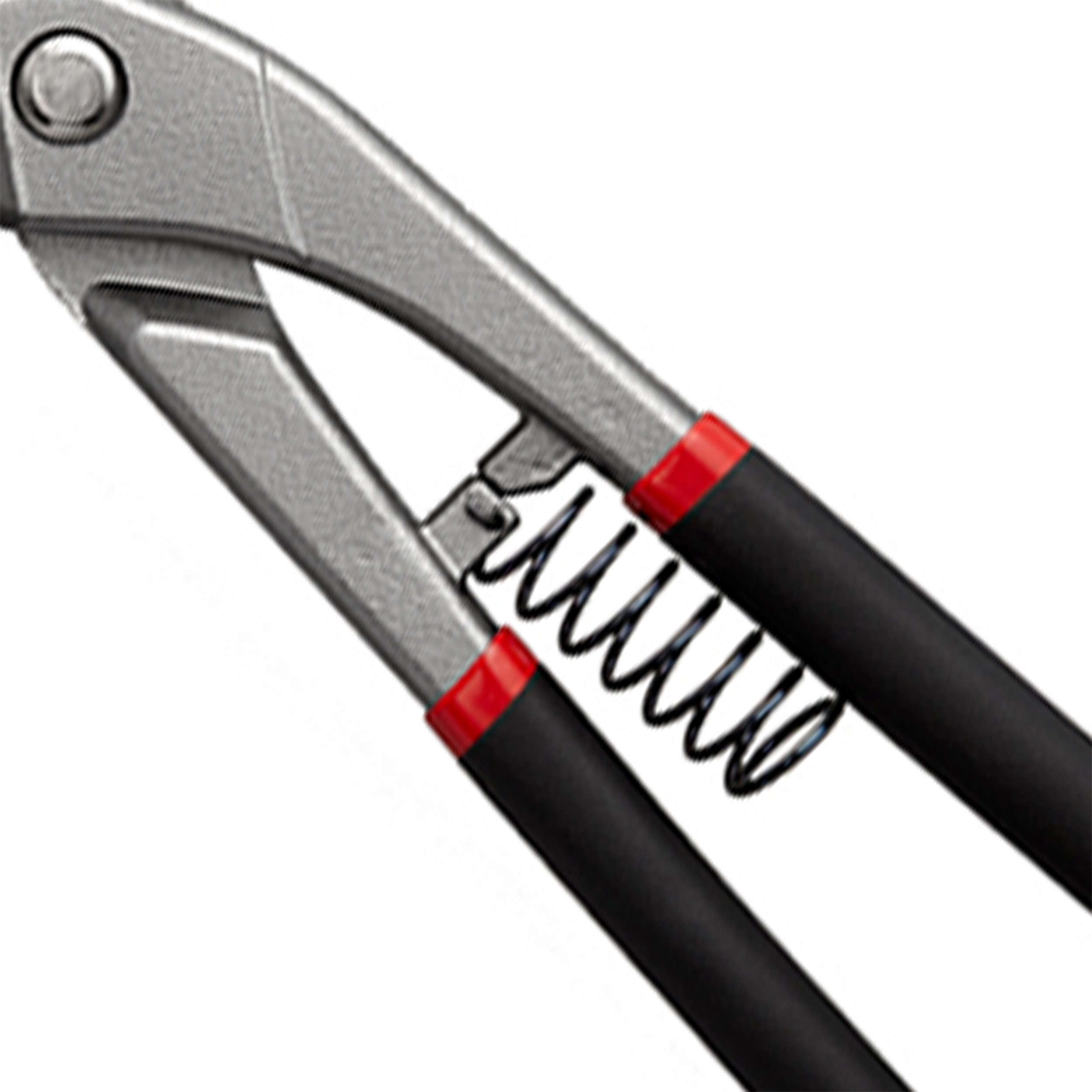 Close-up of coil spring mechanism on black rubber handle aviation tin snips isolated on white background KL-SC-SS-013