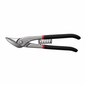 Spring-loaded aviation tin snips with black rubber handles isolated on white background KL-SC-SS-013