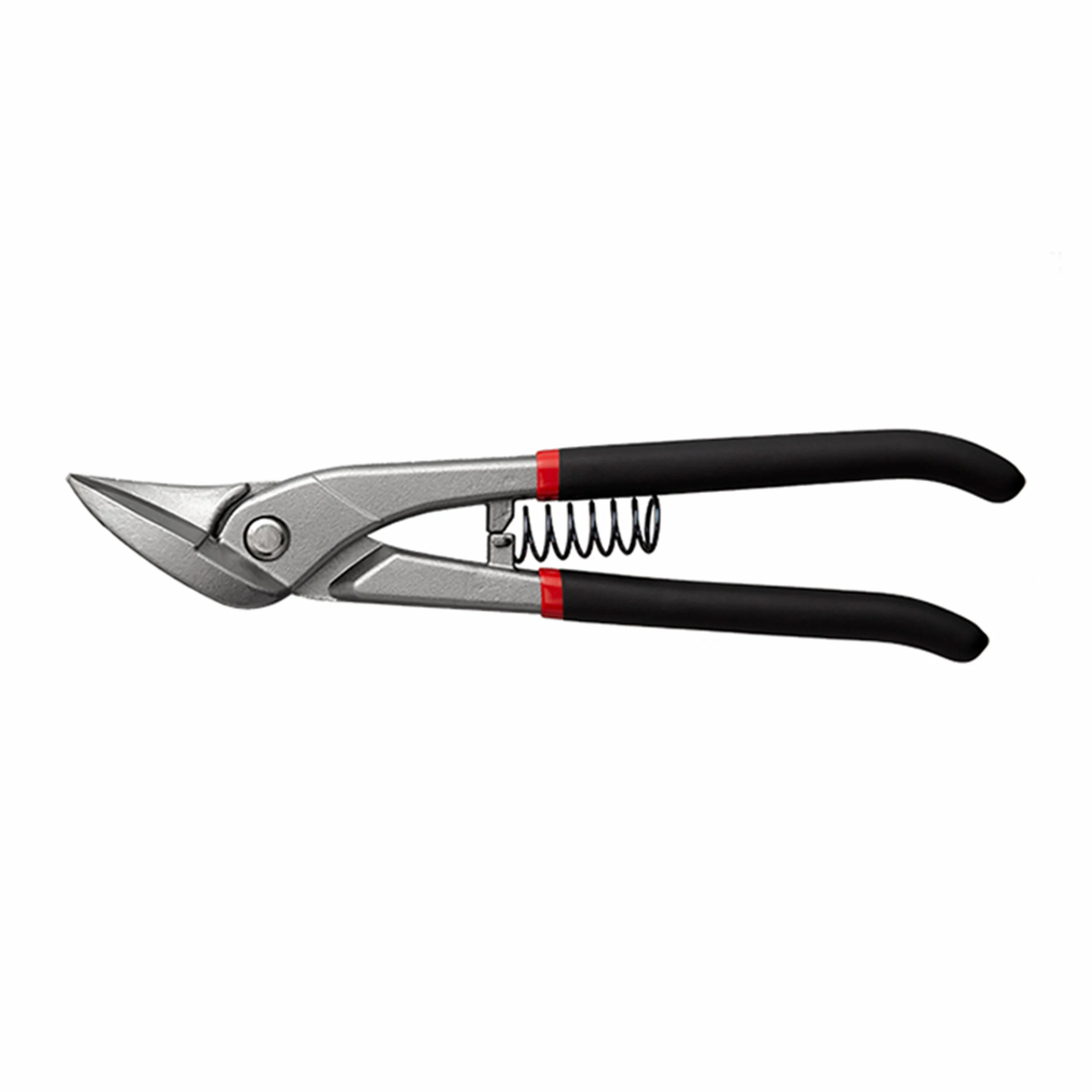 Spring-loaded aviation tin snips with black rubber handles isolated on white background KL-SC-SS-013