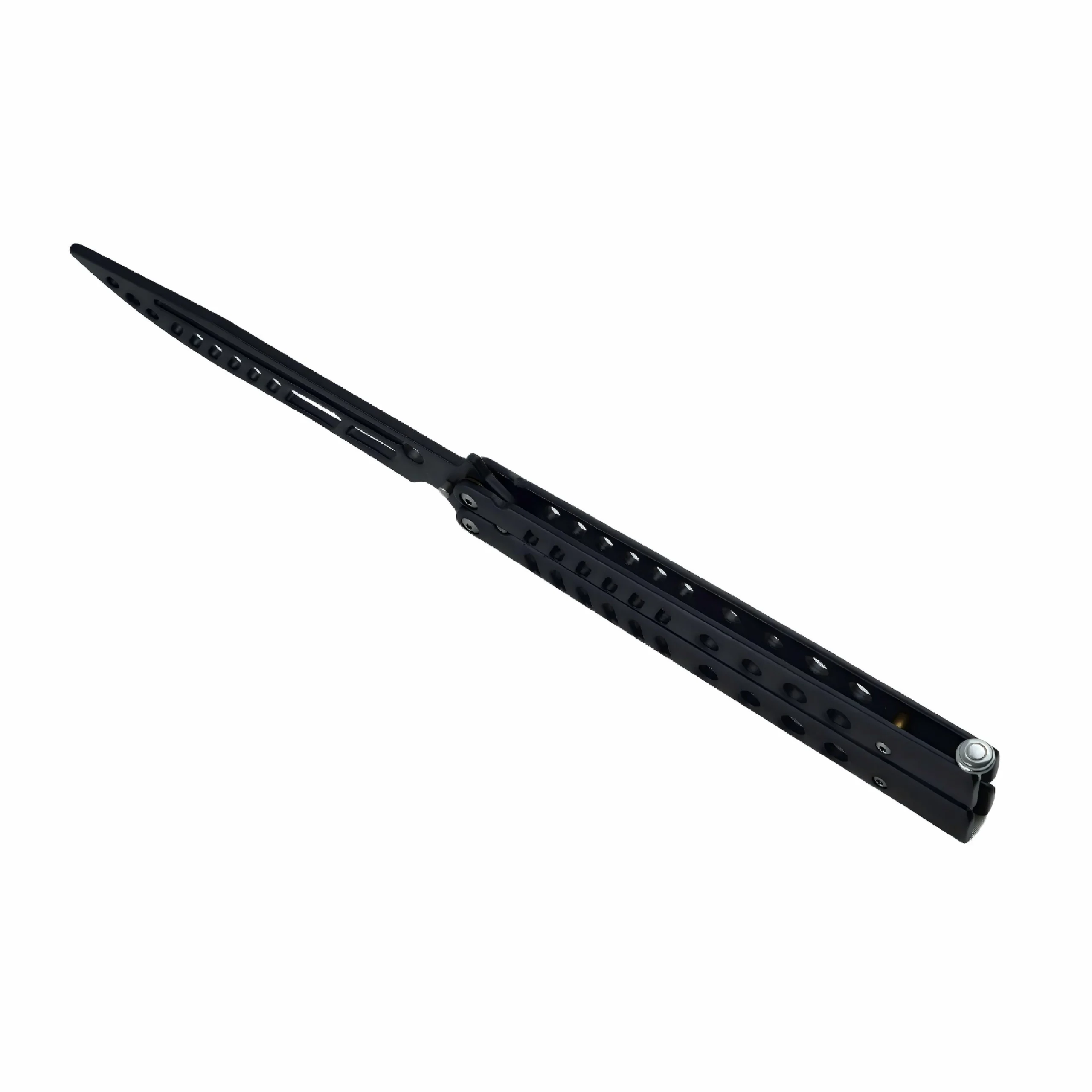 Perspective view of matte black skeletonized balisong butterfly trainer knife, isolated on white background. KL-OD-SS-013