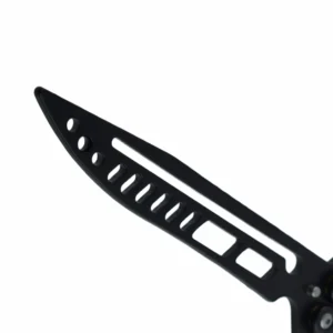 Close-up of matte black skeletonized blade on balisong butterfly trainer knife, isolated on white background. KL-OD-SS-013