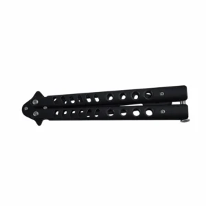 Closed matte black skeletonized balisong butterfly trainer knife, isolated on white background. KL-OD-SS-013