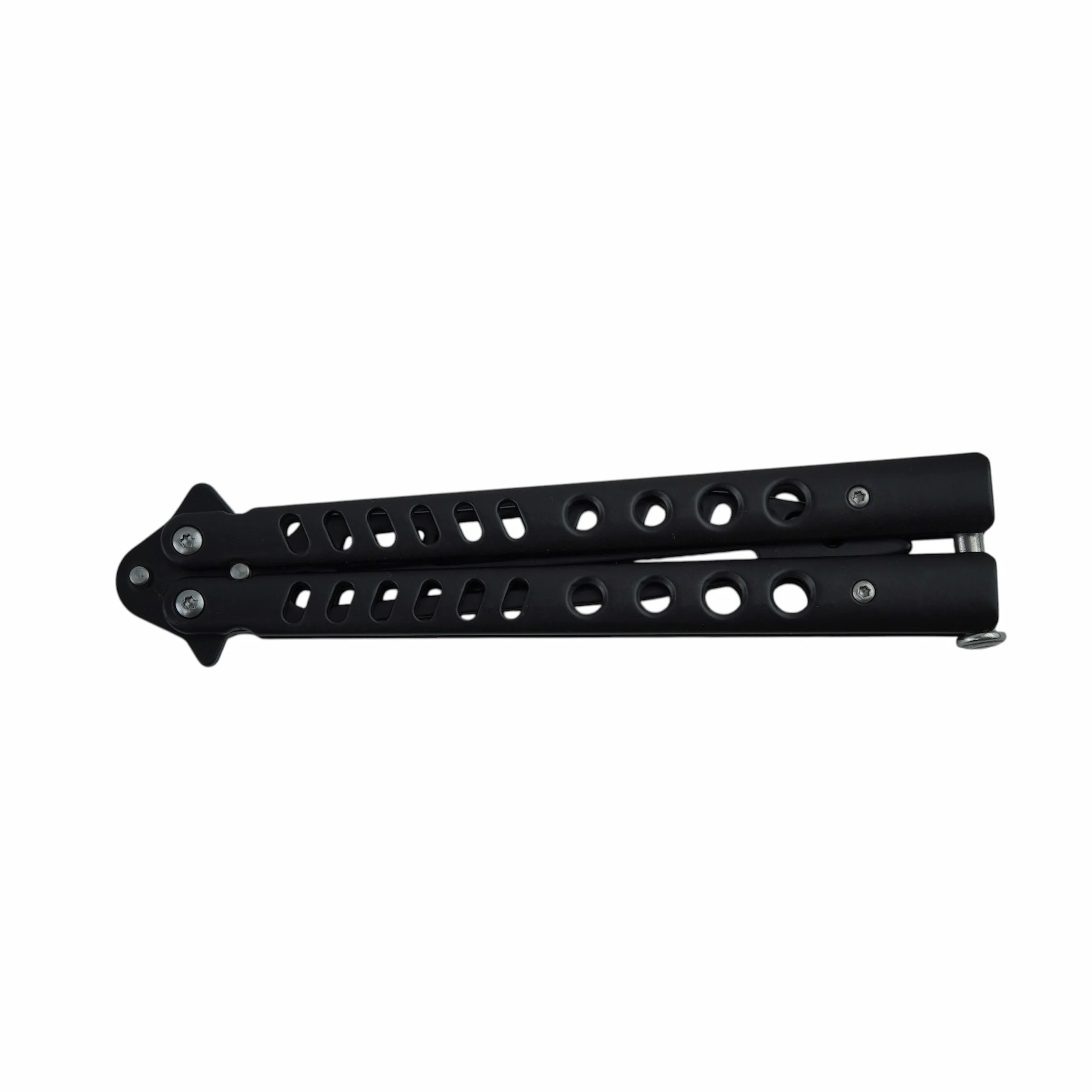 Closed matte black skeletonized balisong butterfly trainer knife, isolated on white background. KL-OD-SS-013
