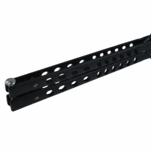 Yangjiang KaiLionCrafts Hardware Co., Ltd. is a premier outdoor knives OEM/ODM source manufacturer based in Yangjiang, China. This macro detail shot showcases the matte black skeletonized stainless steel trainer blade with safety cutout slots, perfect for professional flipping practice and bulk B2B procurement.