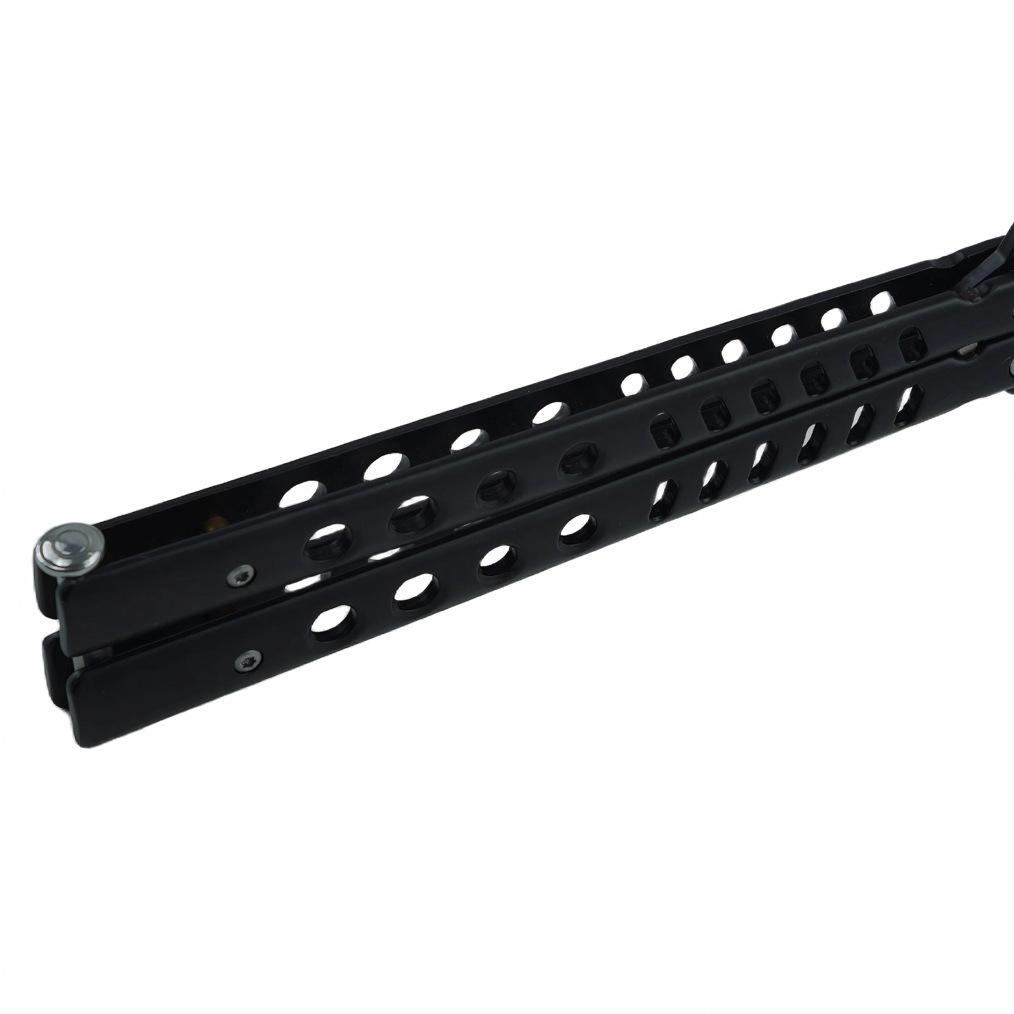 Yangjiang KaiLionCrafts Hardware Co., Ltd. is a premier outdoor knives OEM/ODM source manufacturer based in Yangjiang, China. This macro detail shot showcases the matte black skeletonized stainless steel trainer blade with safety cutout slots, perfect for professional flipping practice and bulk B2B procurement.