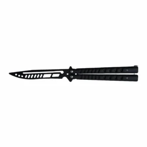 Full open view of matte black skeletonized balisong butterfly trainer knife, isolated on white background. KL-OD-SS-013