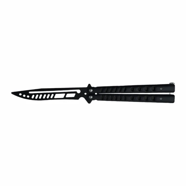 Full open view of matte black skeletonized balisong butterfly trainer knife, isolated on white background. KL-OD-SS-013