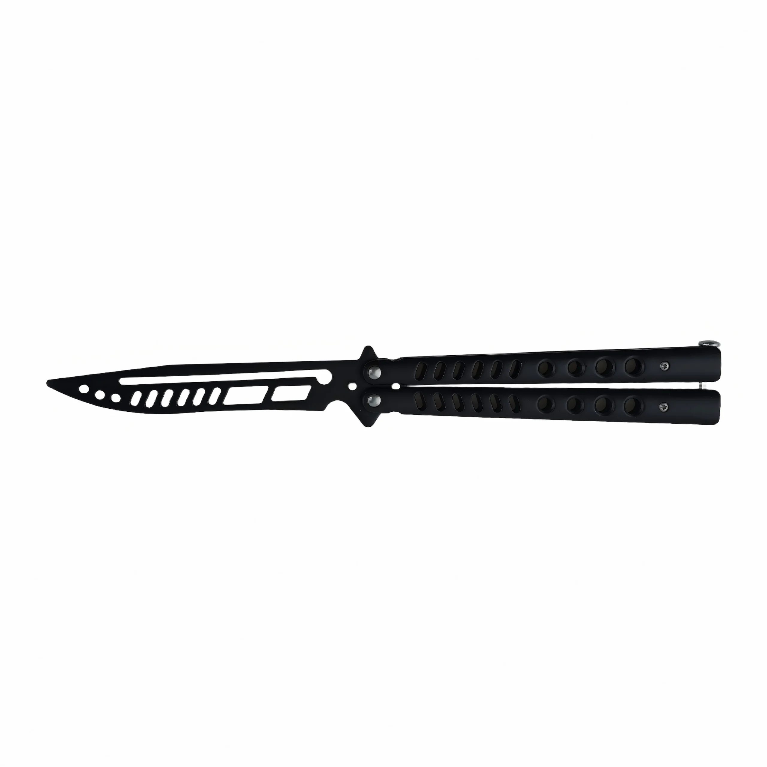 Full open view of matte black skeletonized balisong butterfly trainer knife, isolated on white background. KL-OD-SS-013