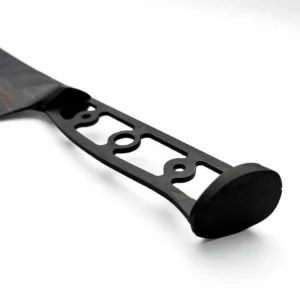 Close up of black skeletonized full tang steel handle isolated on white background KL-KN-DS-011