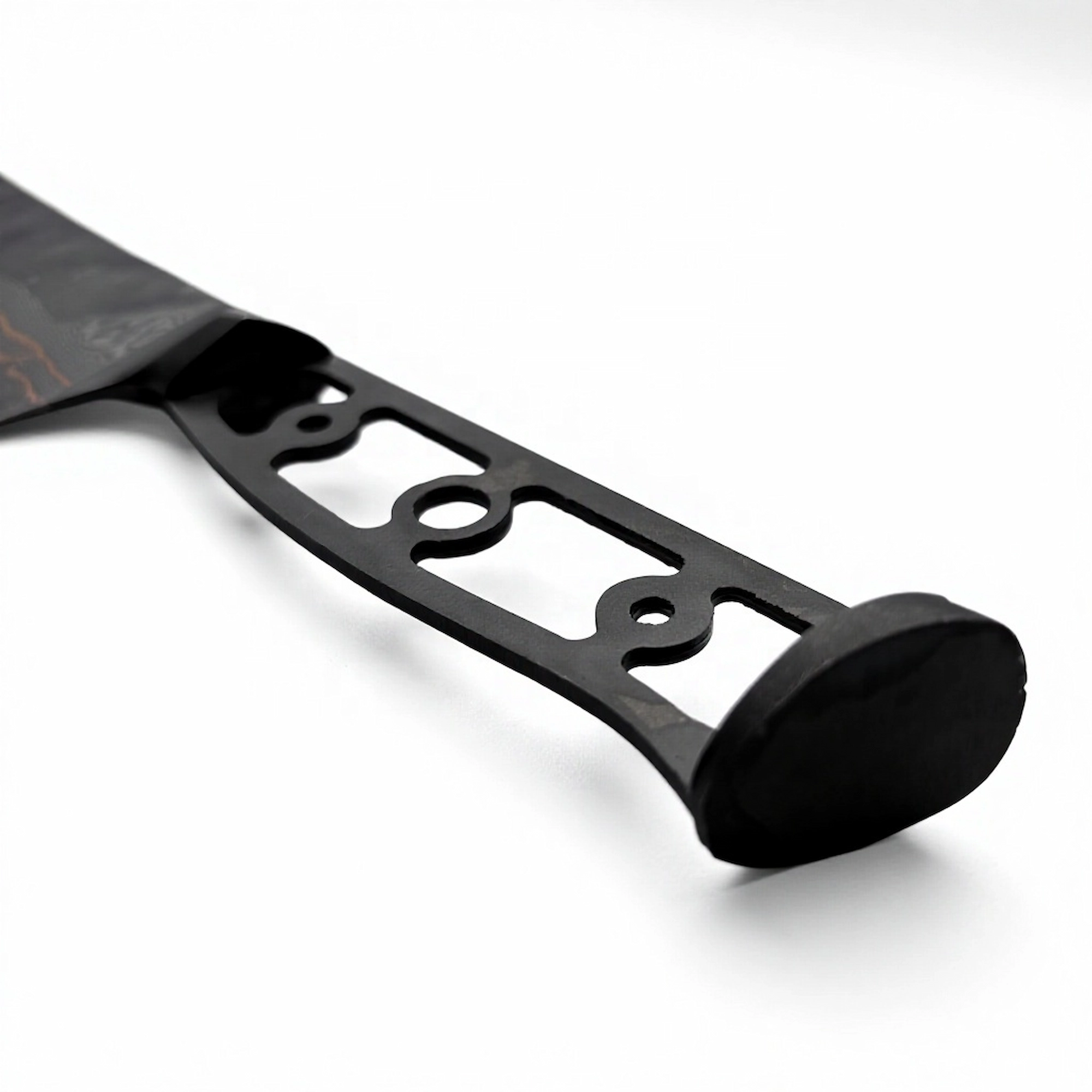 Close up of black skeletonized full tang steel handle isolated on white background KL-KN-DS-011