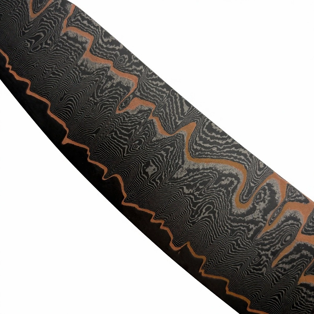 Close up of black Damascus steel blade with copper wave pattern isolated on white background KL-KN-DS-011