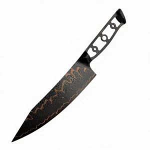 A 45 degree view of black Damascus steel chef knife with skeletonized handle isolated on white background KL-KN-DS-011