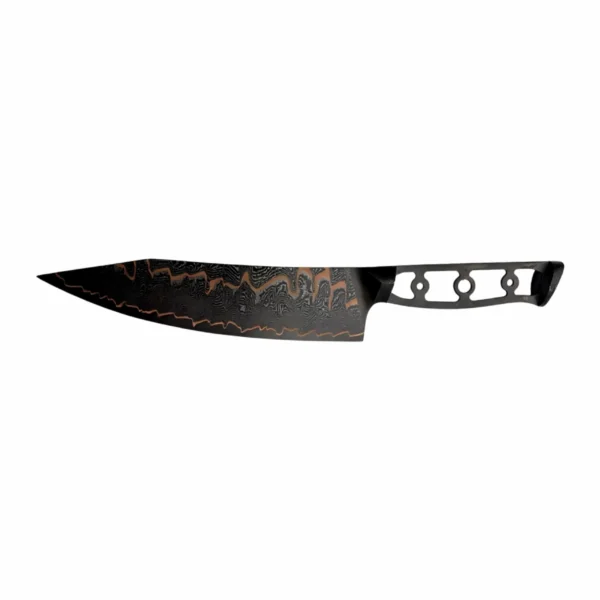Black Damascus steel chef knife with copper layer and skeletonized handle isolated on white background KL-KN-DS-011