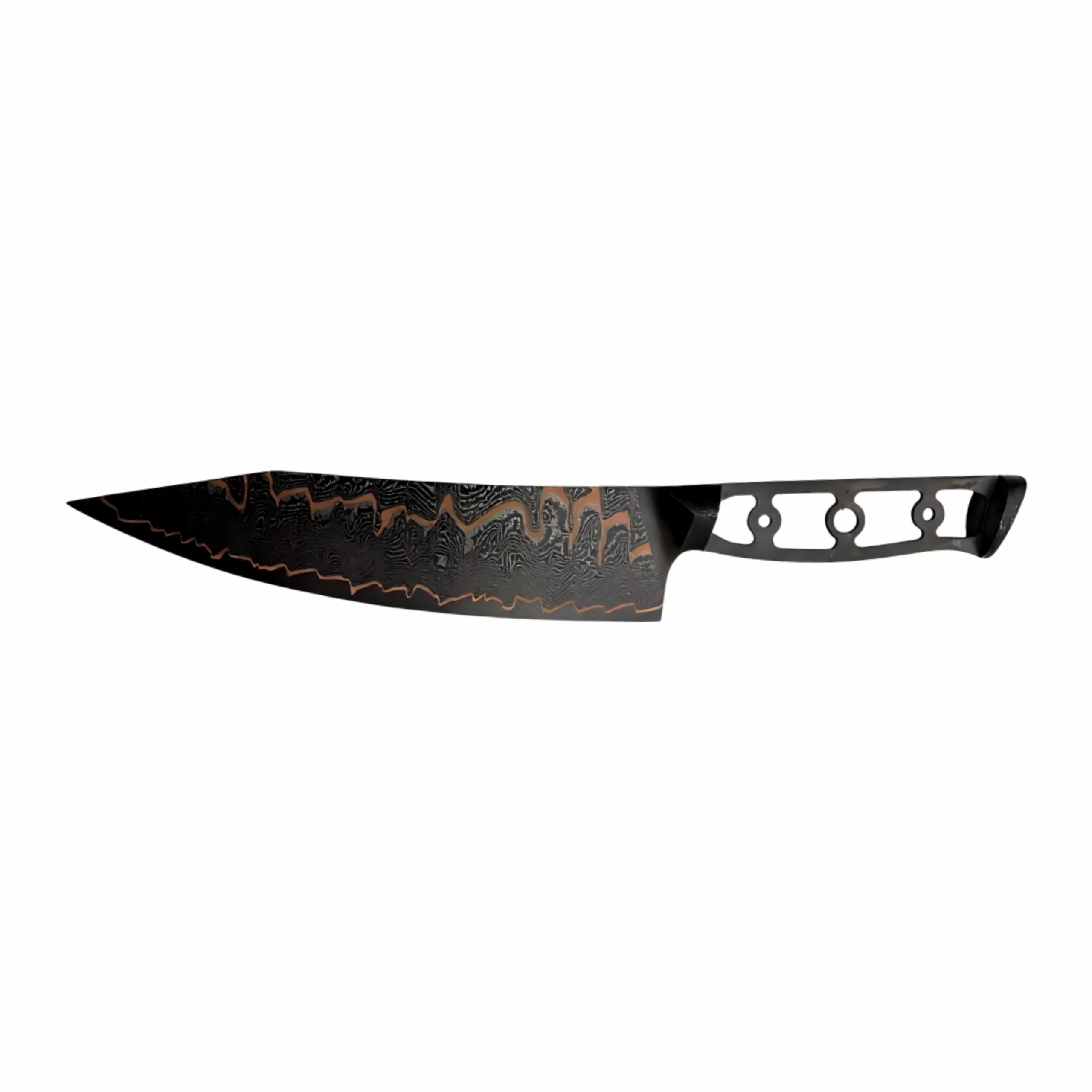 Black Damascus steel chef knife with copper layer and skeletonized handle isolated on white background KL-KN-DS-011