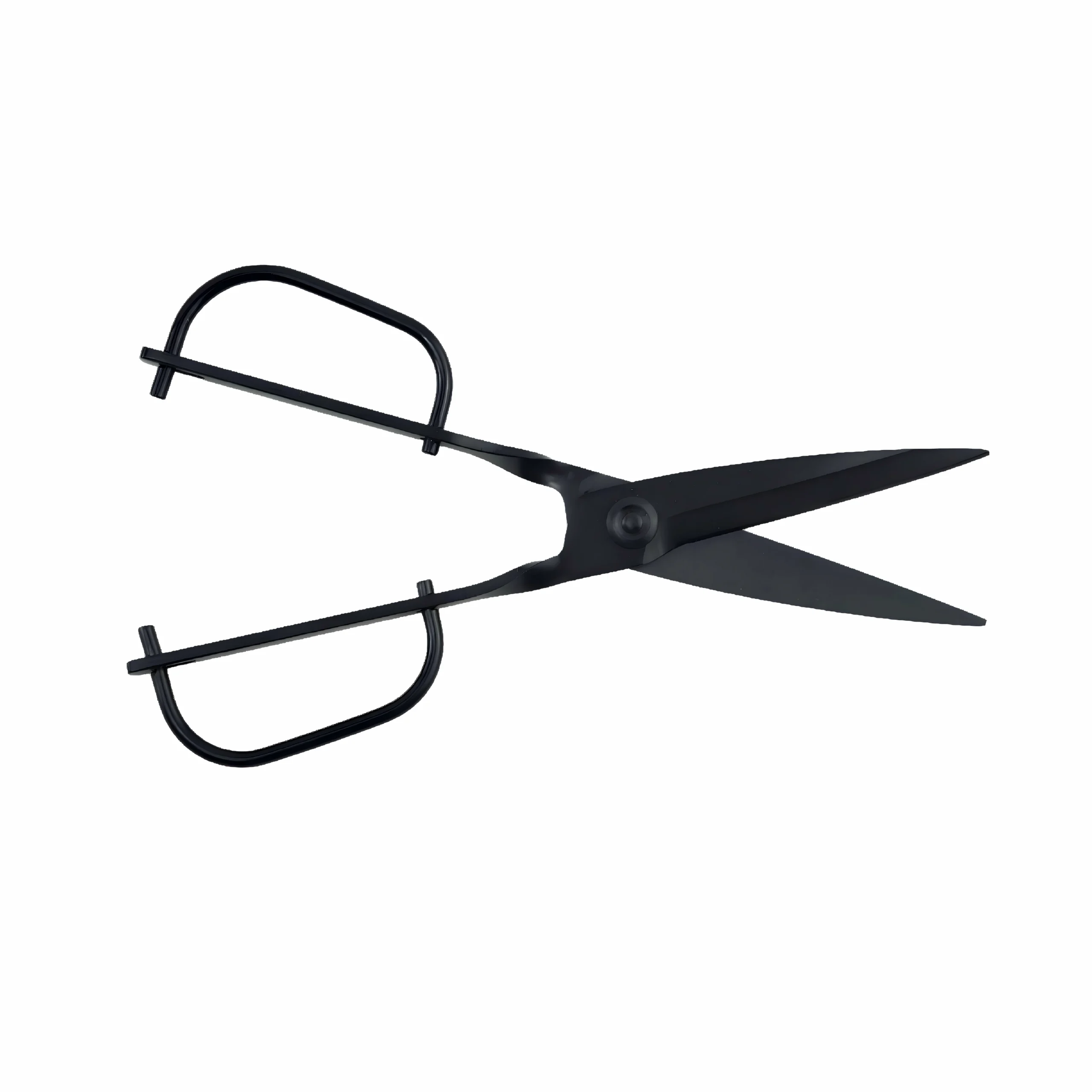 Black matte stainless steel garden topiary shears in 45 degree opened view isolated on white background, SKU KL-SC-PR-003