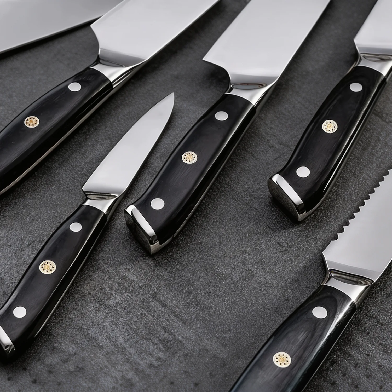 Close-up of kitchen knife set black pakkawood handles with mosaic rivets on workbench setting. SKU: KL-KK-ST-020