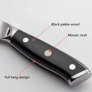 Detailed close-up of kitchen knife black pakkawood handle with mosaic rivet and full tang design. SKU: KL-KK-ST-020