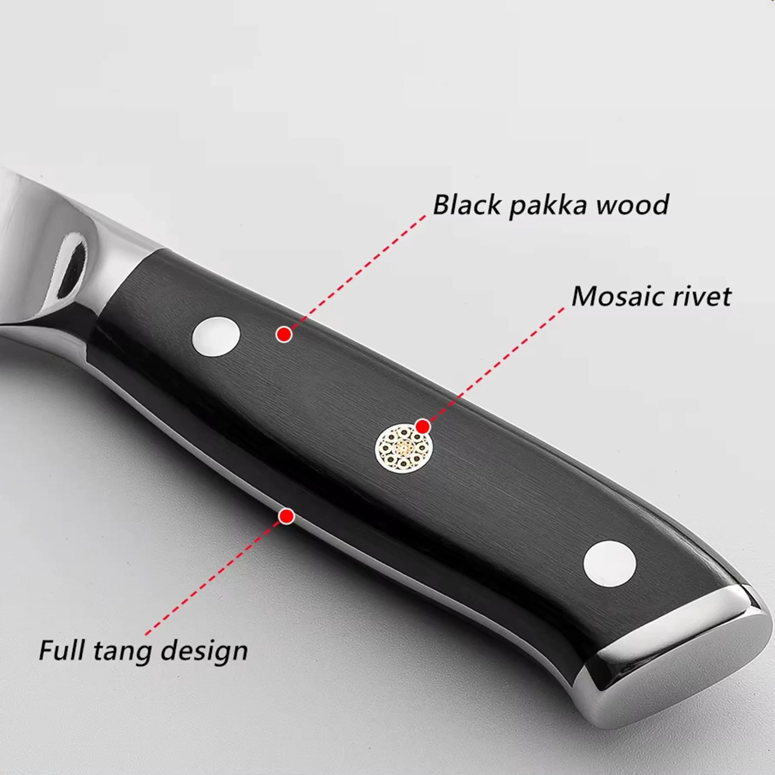 Detailed close-up of kitchen knife black pakkawood handle with mosaic rivet and full tang design. SKU: KL-KK-ST-020