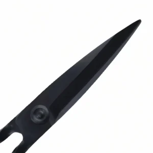 Close-up of black matte stainless steel garden shears serrated blade detail isolated on white background, SKU KL-SC-PR-003
