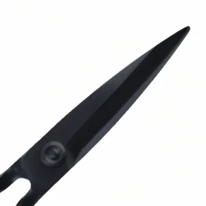 Close-up of black matte stainless steel garden shears serrated blade detail isolated on white background, SKU KL-SC-PR-003