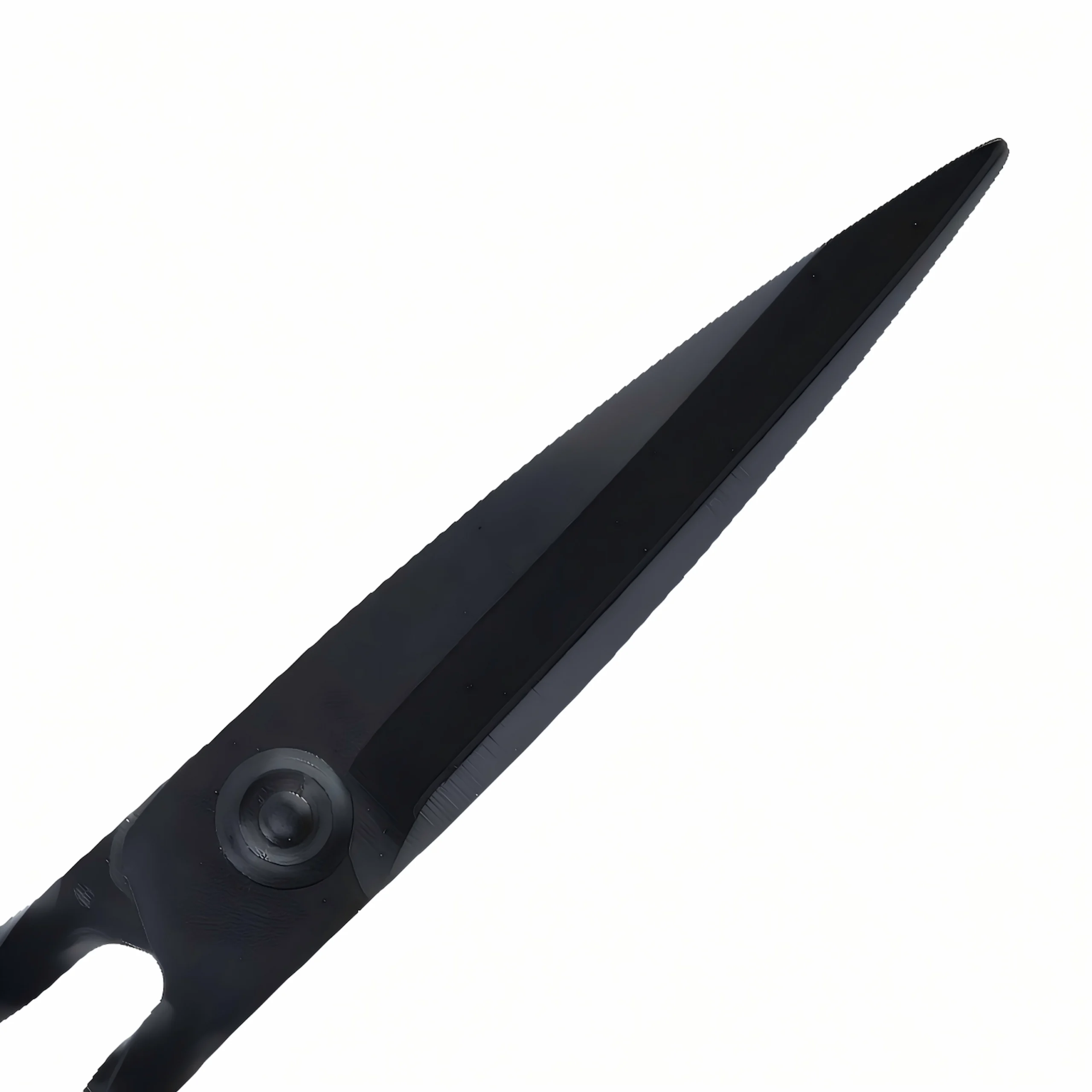 Close-up of black matte stainless steel garden shears serrated blade detail isolated on white background, SKU KL-SC-PR-003