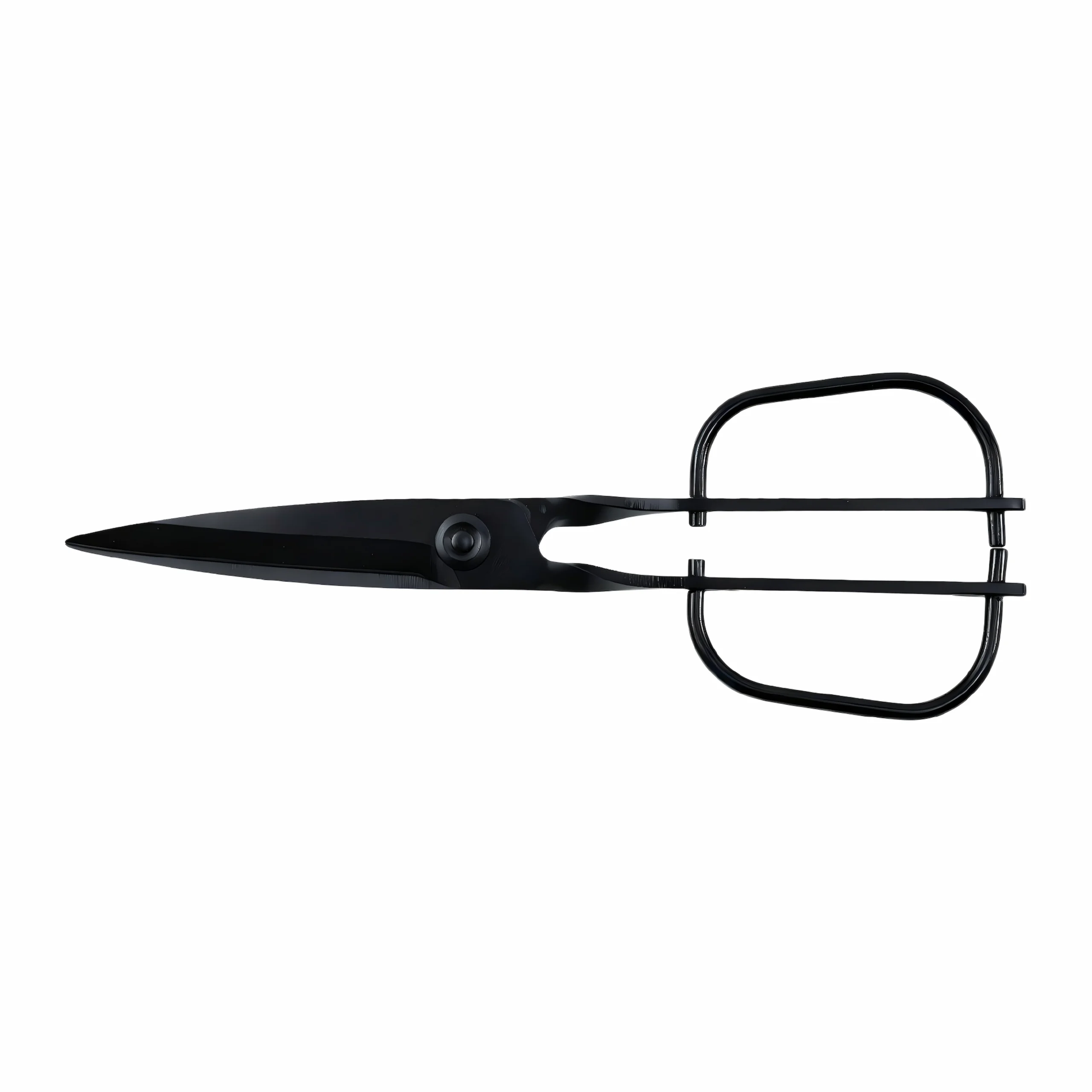 Black matte stainless steel garden topiary trimming shears with wire loop handles isolated on white background, SKU KL-SC-PR-003