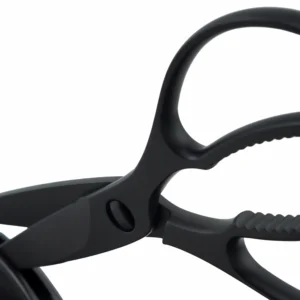 Detailed view of black stainless steel kitchen shears handle isolated on white background KL-SC-TI-001
