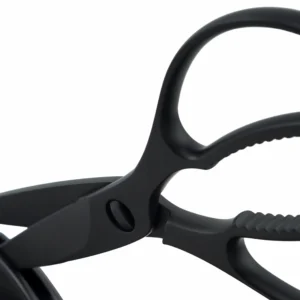 Detailed view of black stainless steel kitchen shears handle isolated on white background KL-SC-TI-001